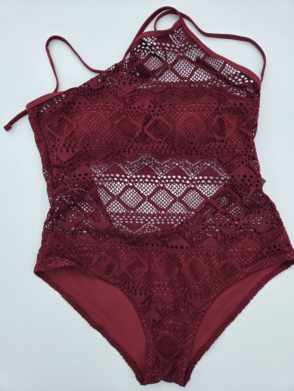 Women’s Burgundy Solid Crochet One-Piece Swimsuit Padded B Cup Size L